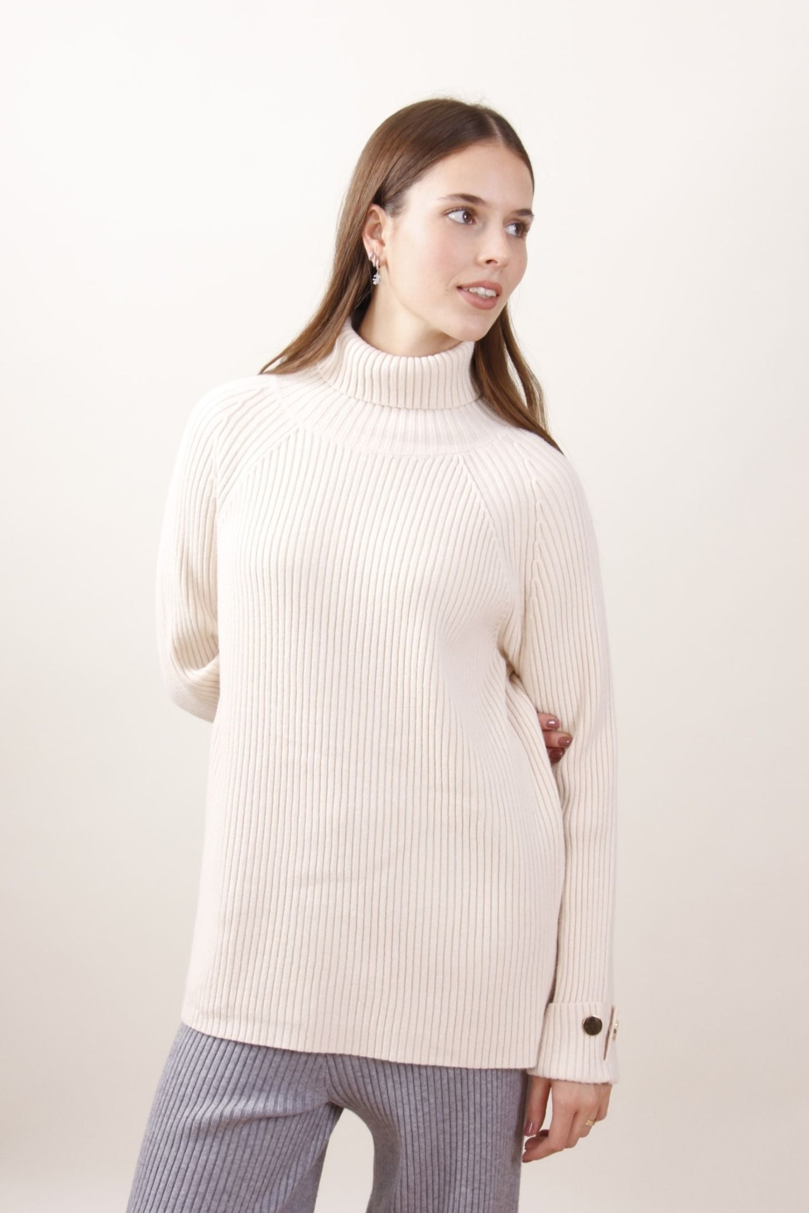 ML23422-80_BEIGE MAGLIA A COLLO ALTO A COSTINE - Beige, TU