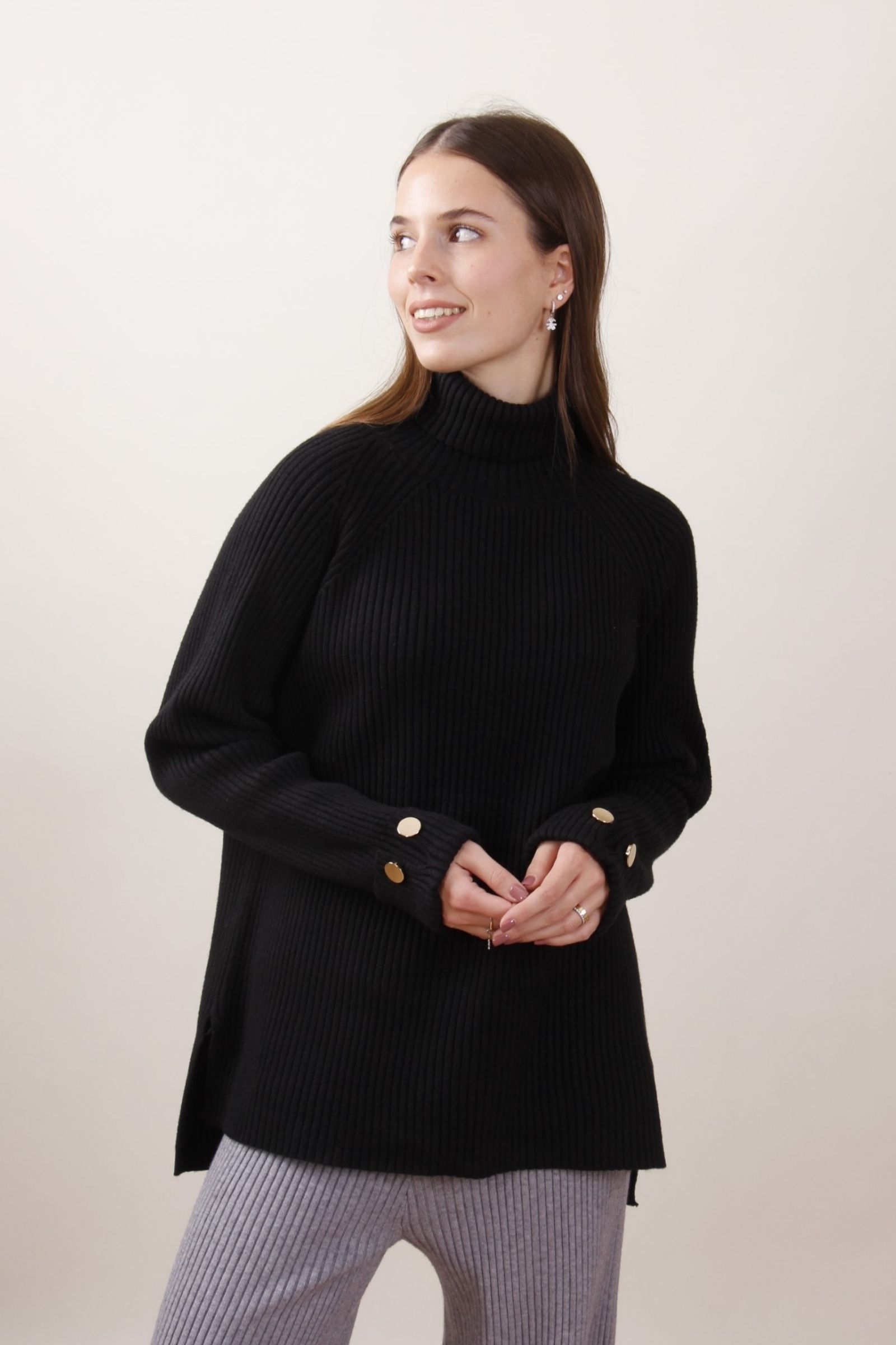 ML23422-80_NERO MAGLIA A COLLO ALTO A COSTINE - Negro, TU