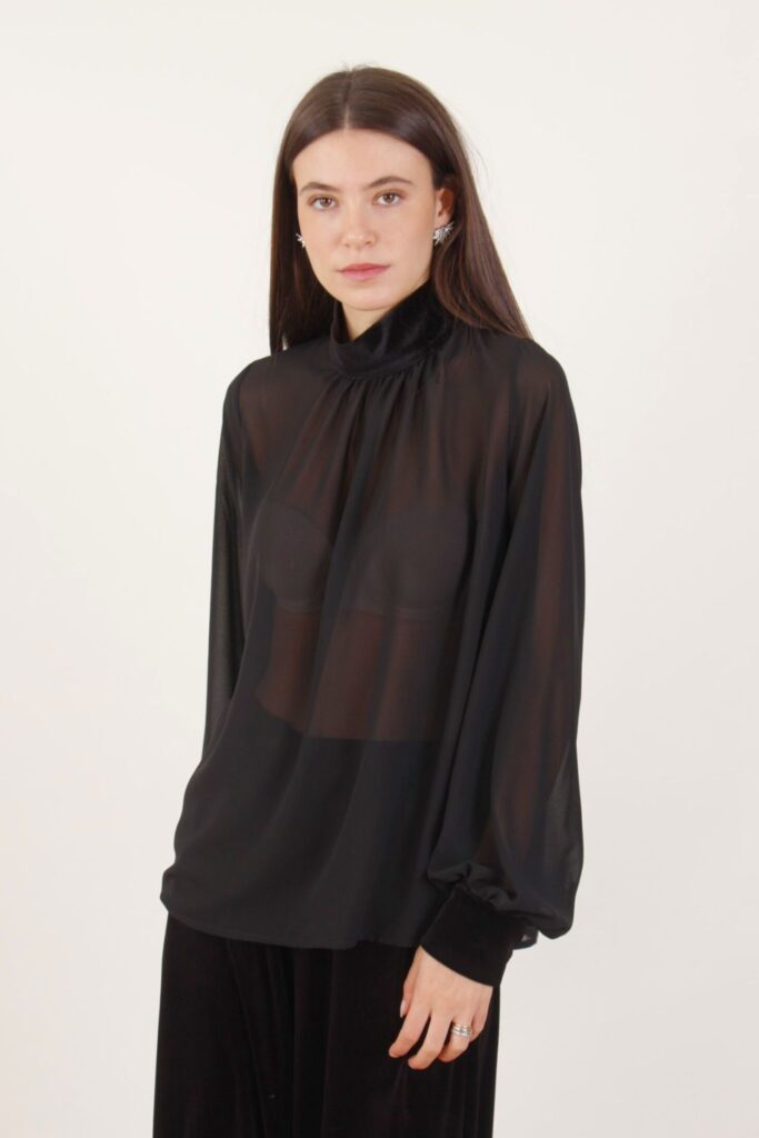 BLUSA CON COLLETTO E POLSINI IN VELLUTO - Schwarz, TU 