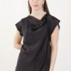 BLUSA SATIN MANICHE CORTE CON SCOLLO A CASCATA - Nero, TU