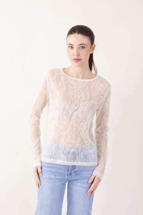 MAGLIA A MANICHE LUNGHE EFFETTO PIZZO - Elfenbein, TU