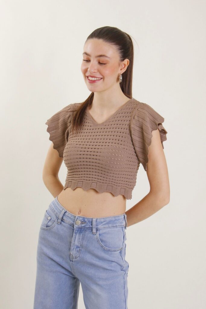 OPENWORK KNIT TOP WITH RUFFLE SLEEVES 
