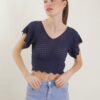 MAGLIA TRAFORATA CON MANICHE VOLANT - Blu, TU