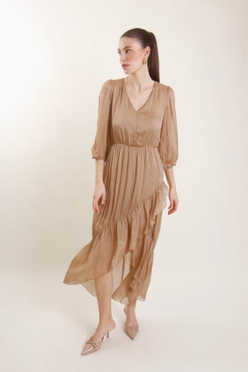 ABITO IN SETA SCOLLO A V PLISSETTATO CON GONNA INCROCIATA