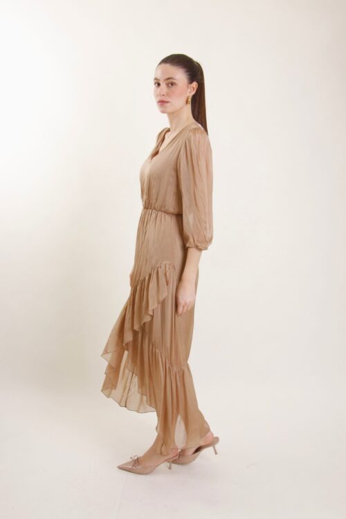 Alternative view of ABITO IN SETA SCOLLO A V PLISSETTATO CON GONNA INCROCIATA