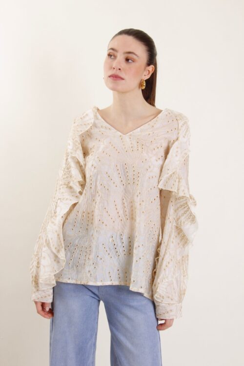 BLUSA SANGALLO CON VOLANT E MOTIVO FLOREALE