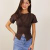TOP CON SCOLLO A V E SPACCO SUL DAVANTI - Dark Brown, TU
