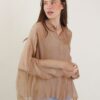 CAMICIA IN MISTO SETA CON SCOLLO ALLA COREANA - Beige, TU