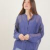 CAMICIA IN MISTO SETA CON SCOLLO ALLA COREANA - Blu, TU