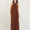 ABITO LUNGO IN MISTO SETA CON SCOLLO ALL'AMERICANA - Dark Brown, TU