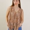 BLUSA IN MISTO SETA SENZA MANICHE CON VOLANT - Beige, TU