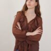 CAMICIA IN MISTO SETA CON ROUCHES - Dark Brown, TU