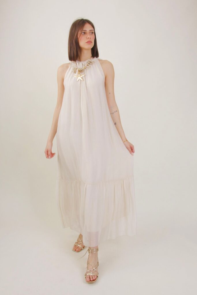 DRESS WITH GATHERED NECKLINE IN SILK BLEND 