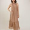 ABITO CON SCOLLO ARRICCIATO IN MISTO SETA - Beige, TU