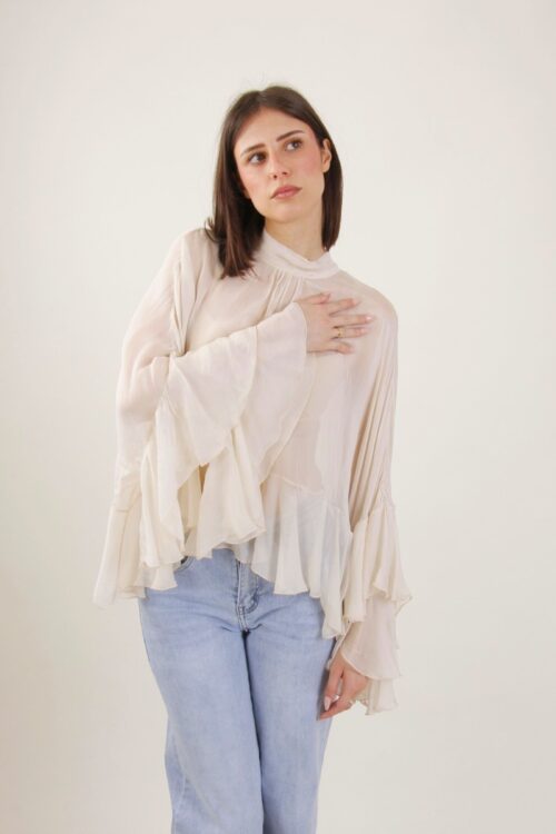 BLUSA IN MISTO SETA CON VOLANT