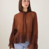 BLUSA IN MISTO SETA CON VOLANT - Dark Brown, TU