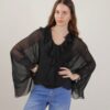 BLUSA LEGGERA IN MISTO SETA CON ROUCHES - Nero, TU