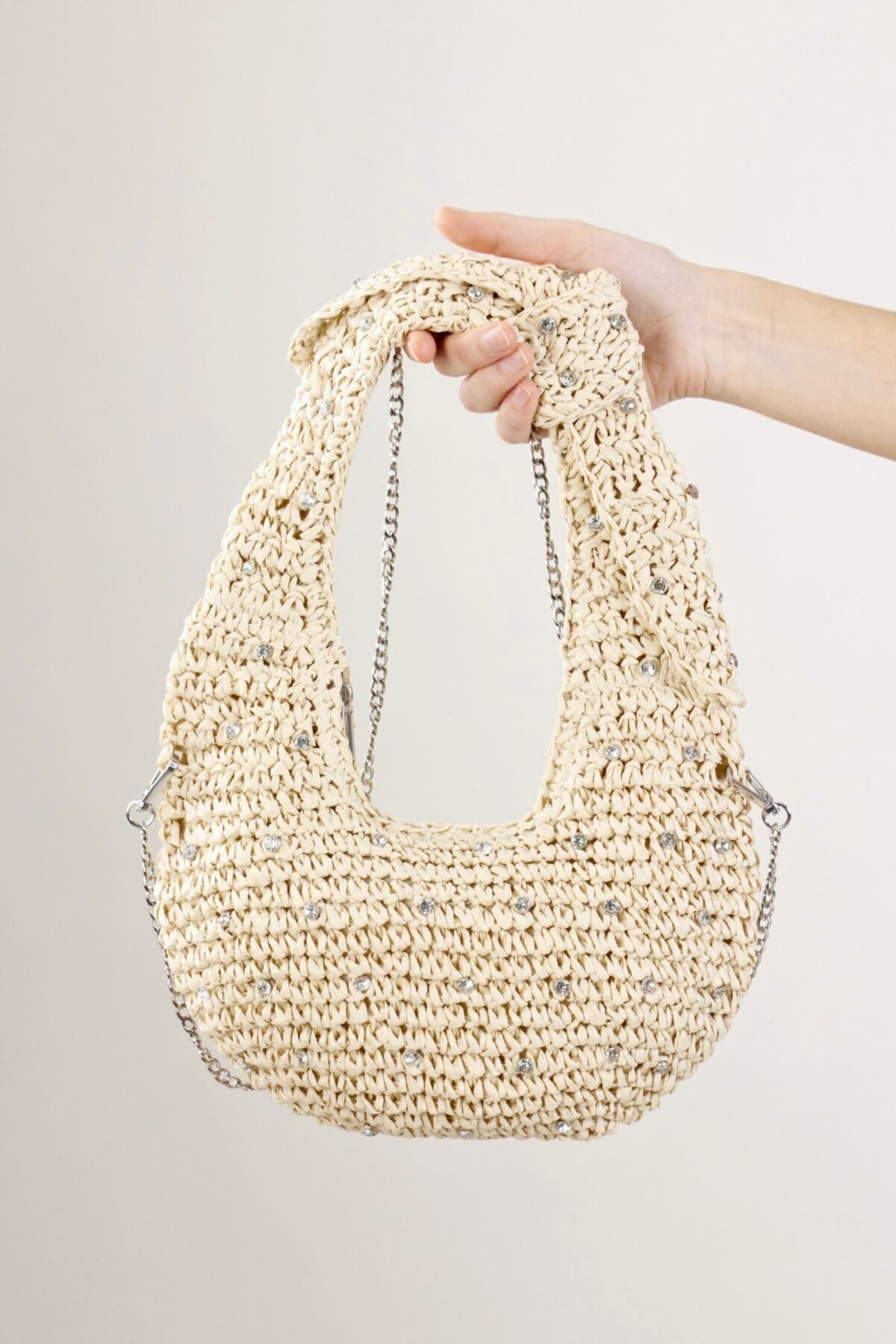 BORSA IN PAGLIA CON STRASS E TRACOLLA A CATENA