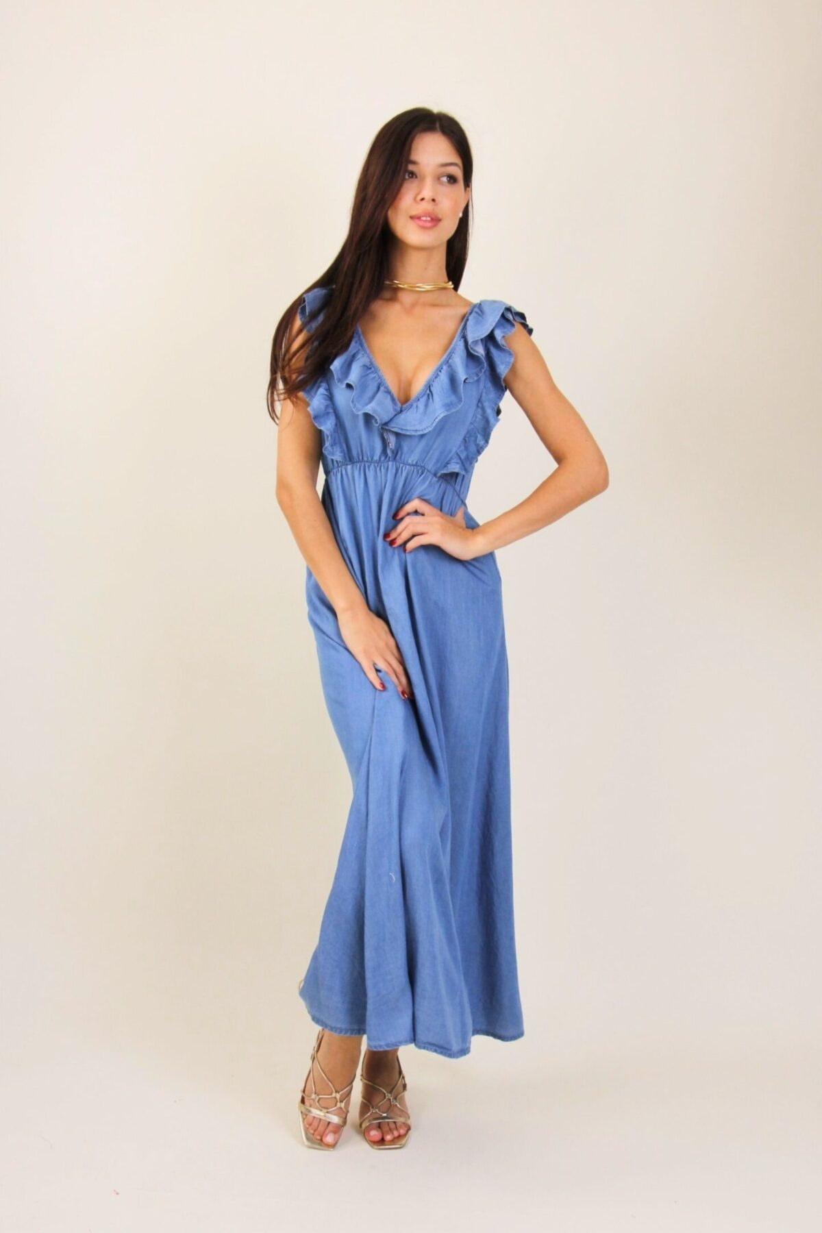 ABITO LUNGO IN DENIM LEGGERO CON VOLANT