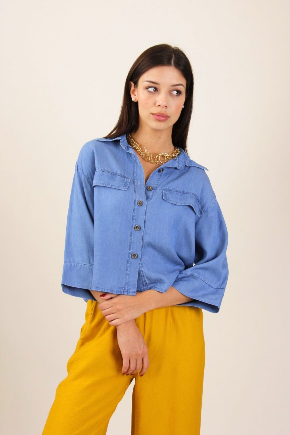 CAMICIA A MANICHE CORTE IN DENIM LEGGERO