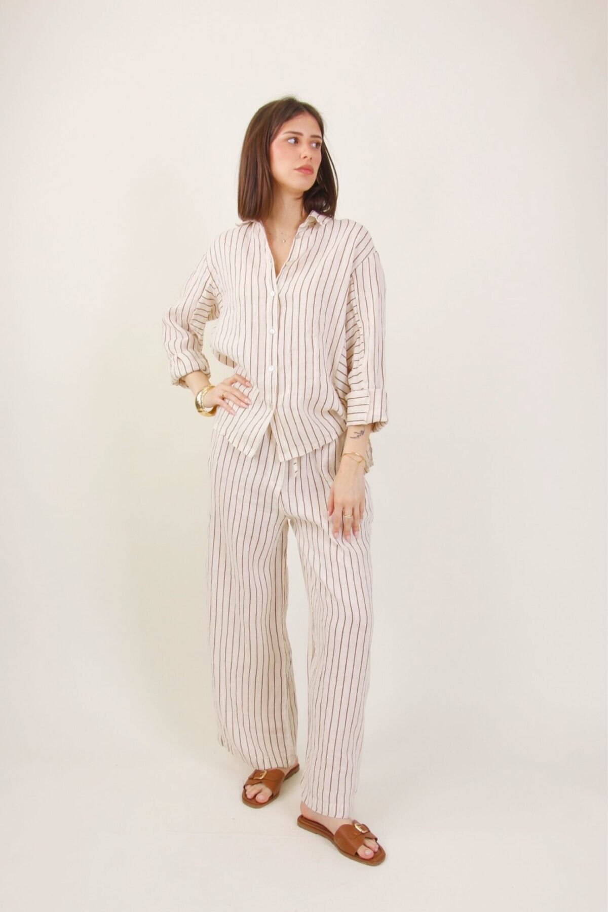 PANTALONI A RIGHE IN LINO CON COULISSE