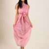 ABITO LUNGO IN TESSUTO FLUIDO CON CINTURA - Rosa, TU