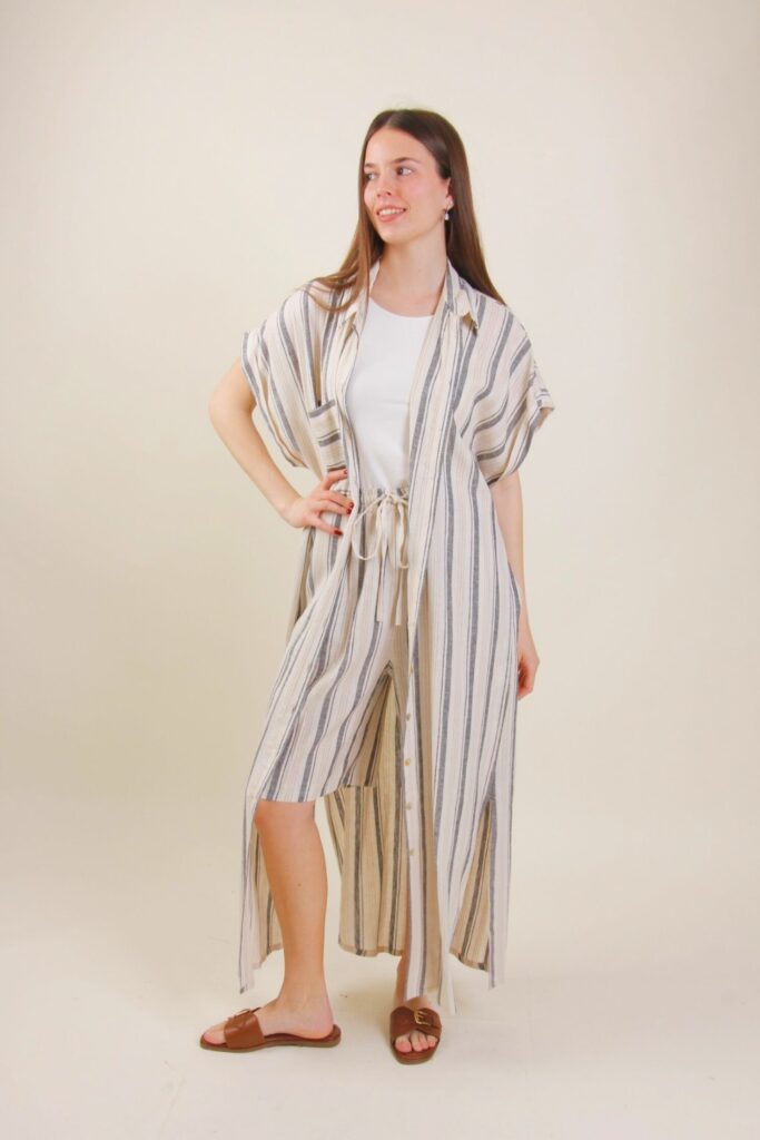 LONG LINEN STRIPED SHIRT DRESS 