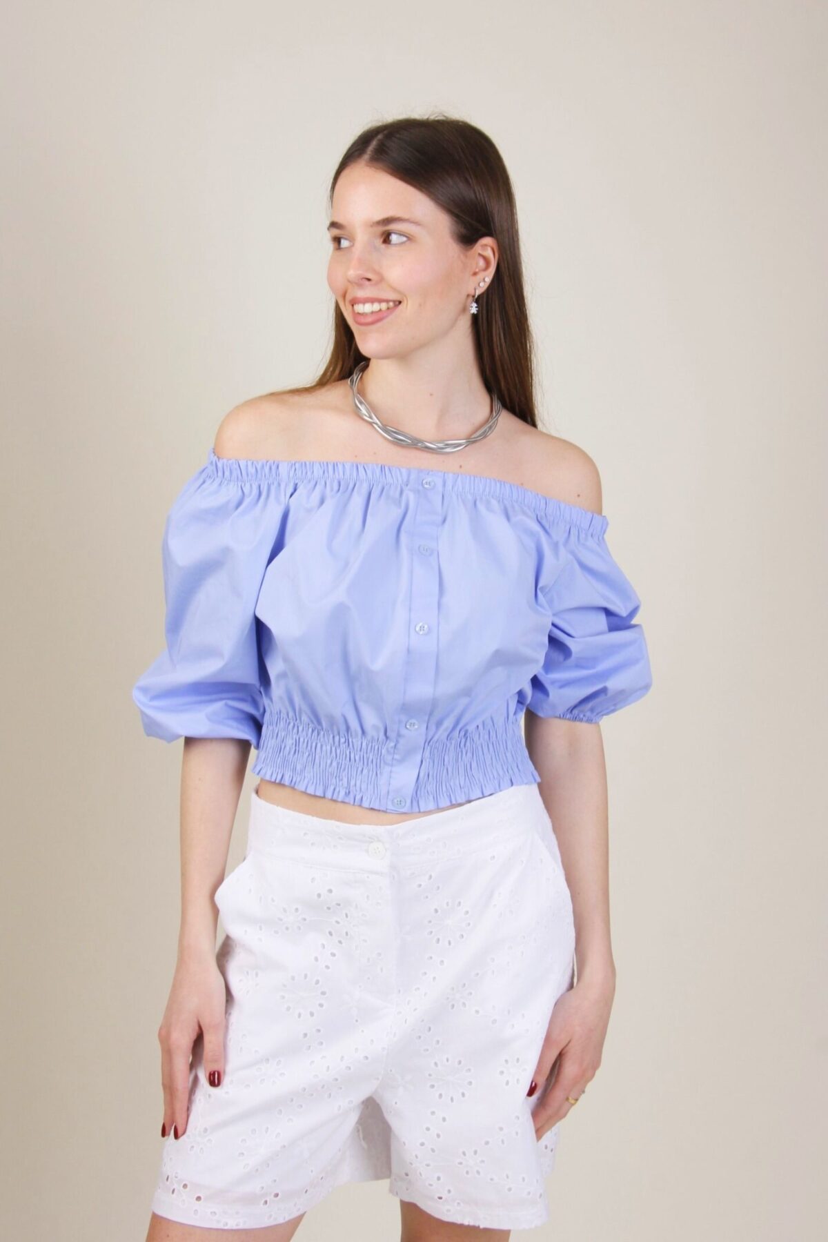 BLUSA CROPPED CON MANICHE A PALLONCINO