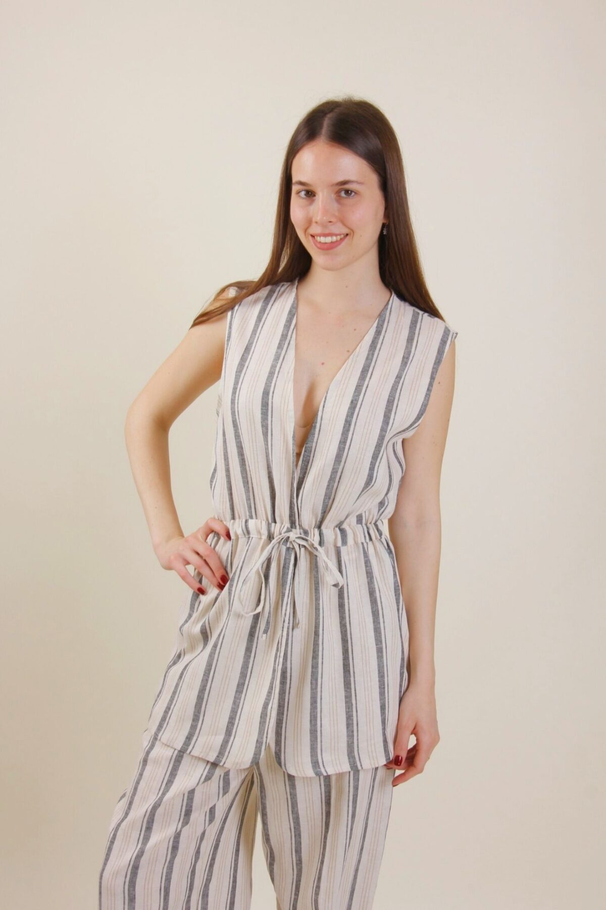 GILET LUNGO SENZA MANICHE A RIGHE CON COULISSE