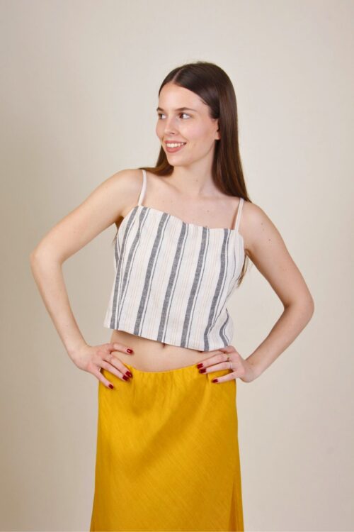 TOP CORTO A RIGHE IN MISTO LINO