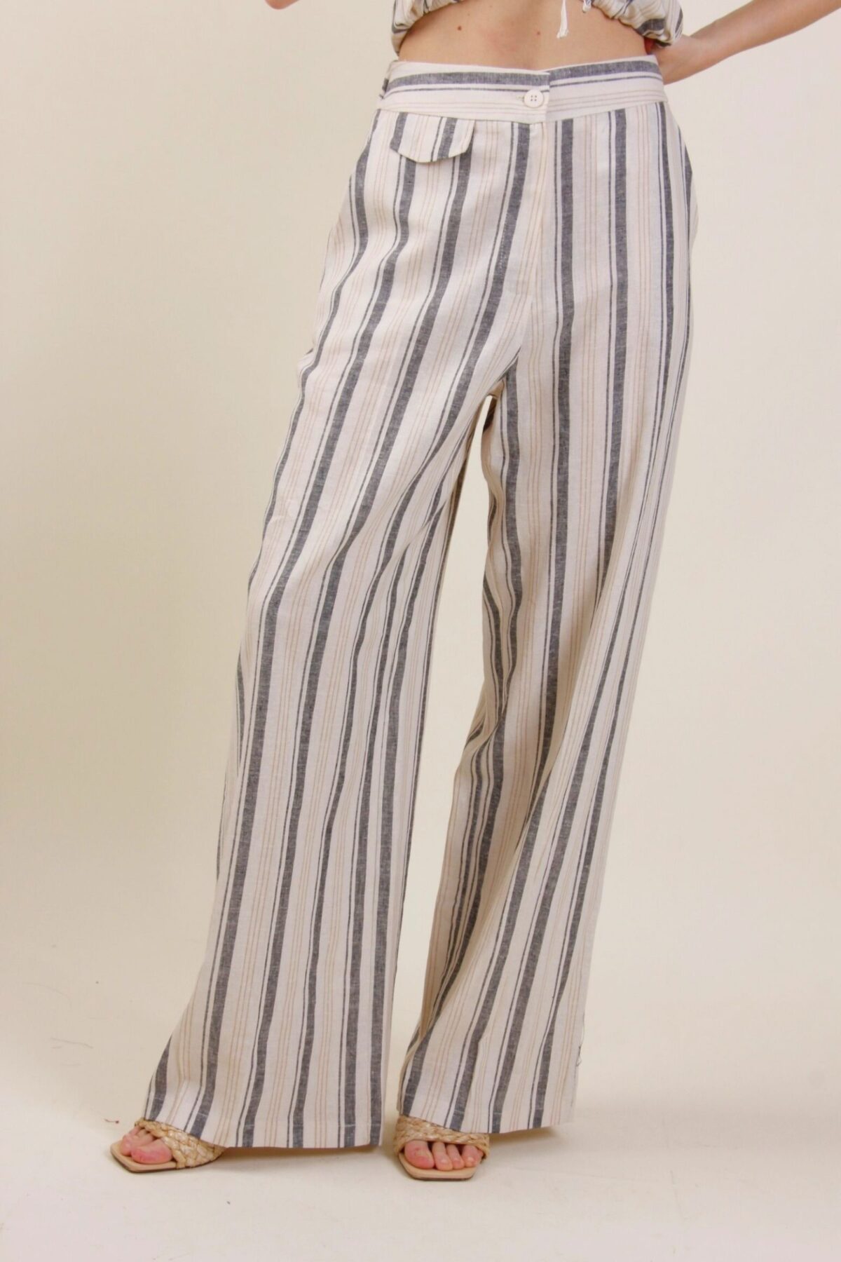 PANTALONE A RIGHE GAMBA LARGA IN LINO