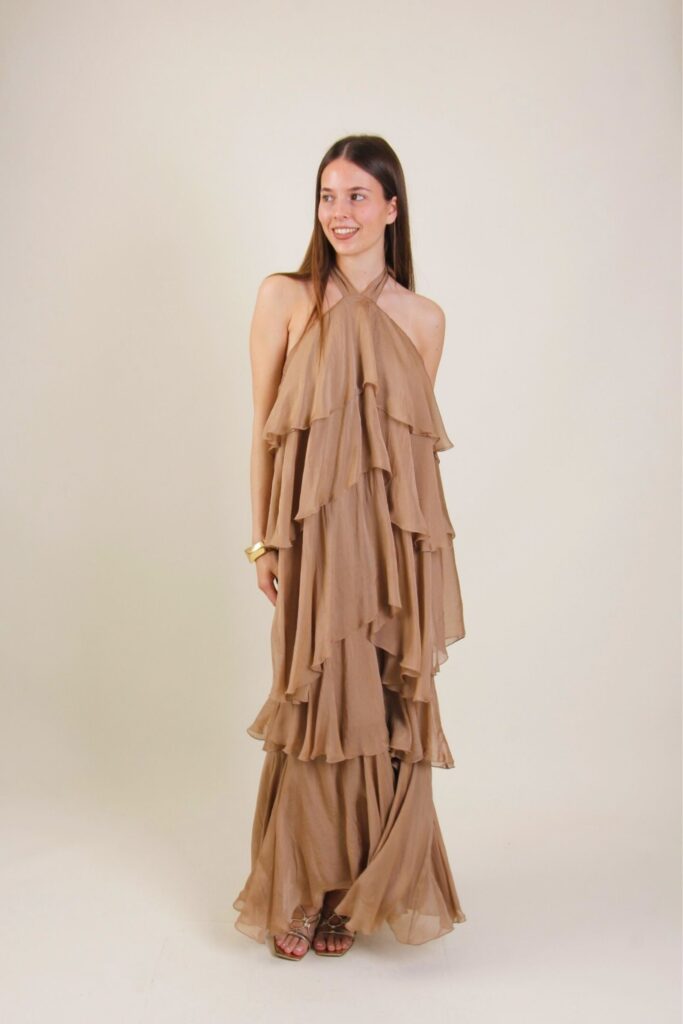 LONG SILK-BLEND DRESS WITH FLUID RUFFLES 