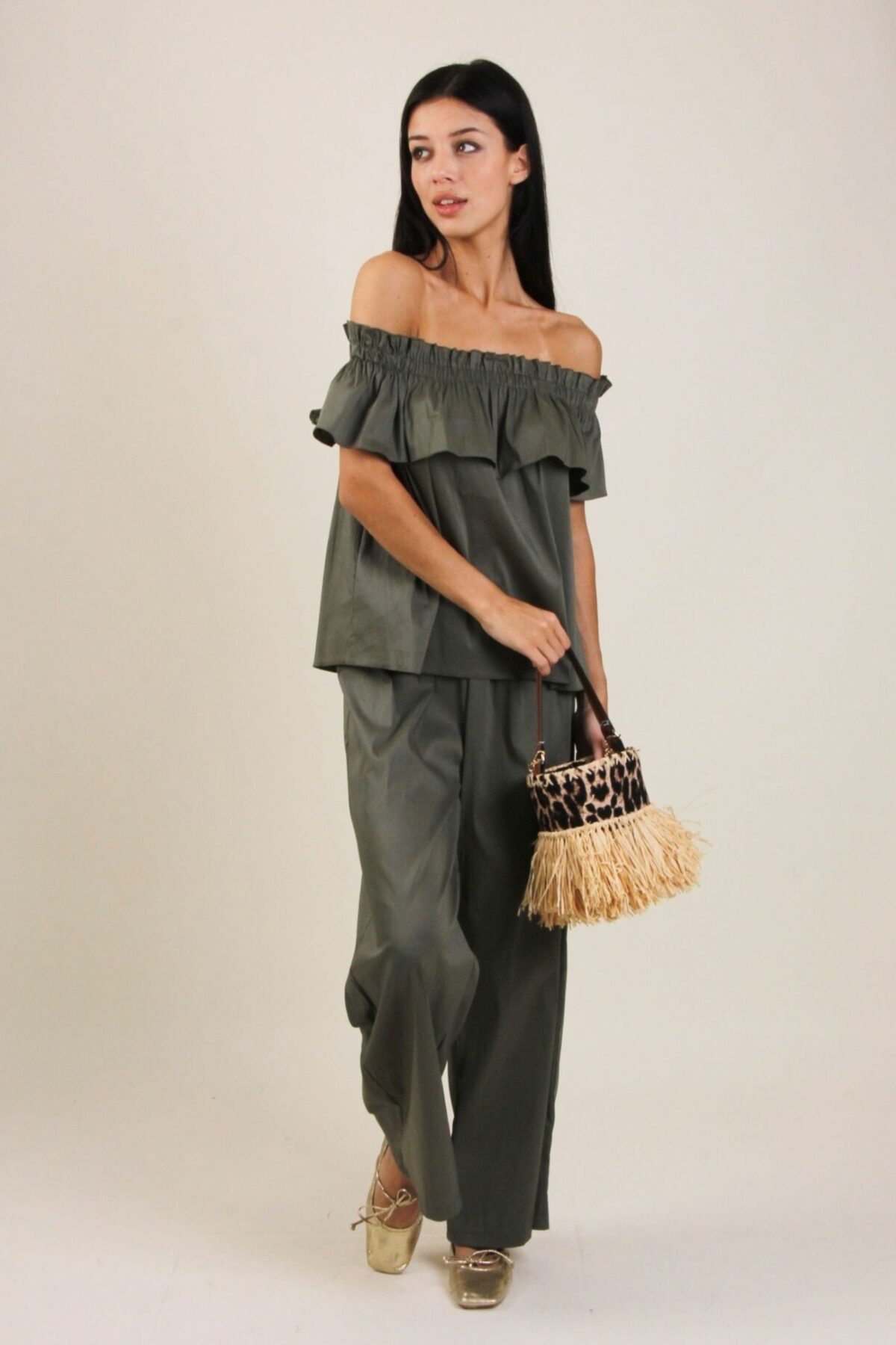 PANTALONI IN POPELINE CON VITA ELASTICIZZATA