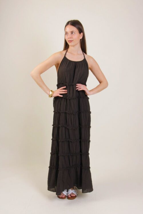 ABITO LUNGO CON ALLACCIATURA AL COLLO E DETTAGLI SFRANGIATI