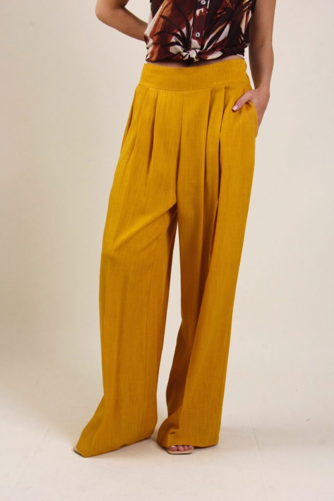 PANTALONE PALAZZO IN MISTO LINO CON PINCES - Spicy Mustard, TU 