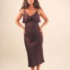 ABITO LUNGO IN SATIN CON ROSA - Bordeaux, TU