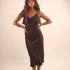 ABITO LUNGO IN SATIN CON ROSA - Dark Brown, TU