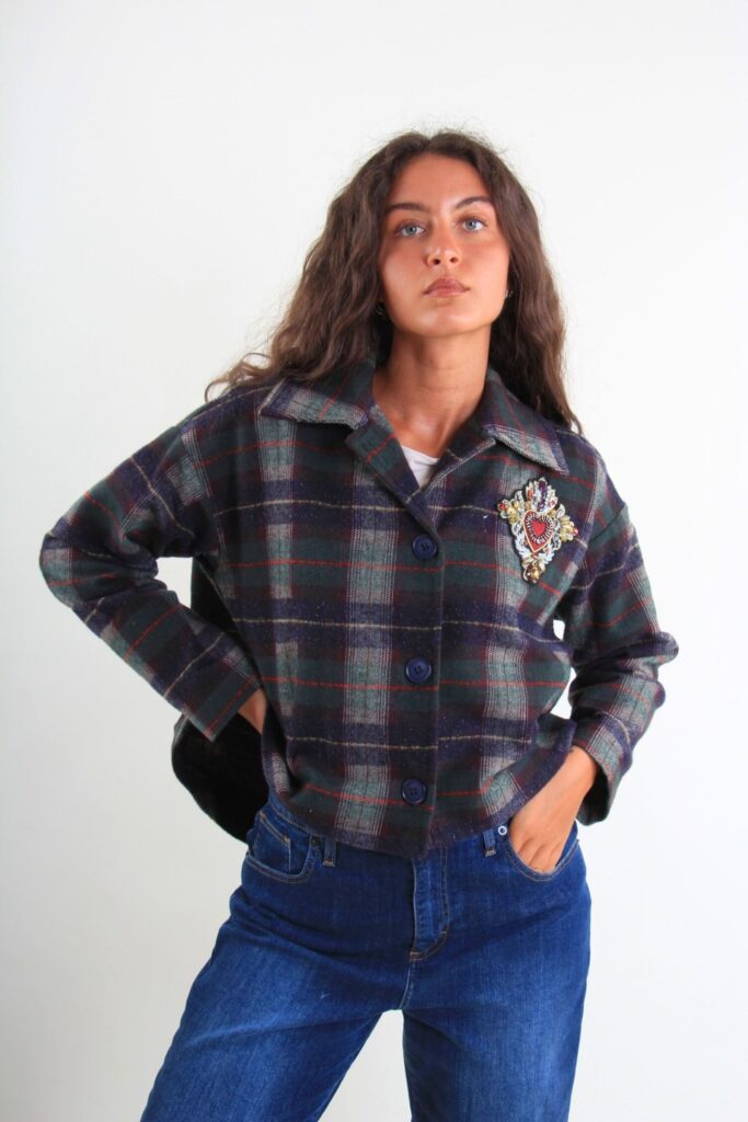CROPPED TARTAN JACKET WITH EMBROIDERED PATCH 