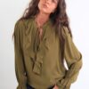 BLUSA IN VISCOSA CON VOLANT E FIOCCO - Verde olive, S