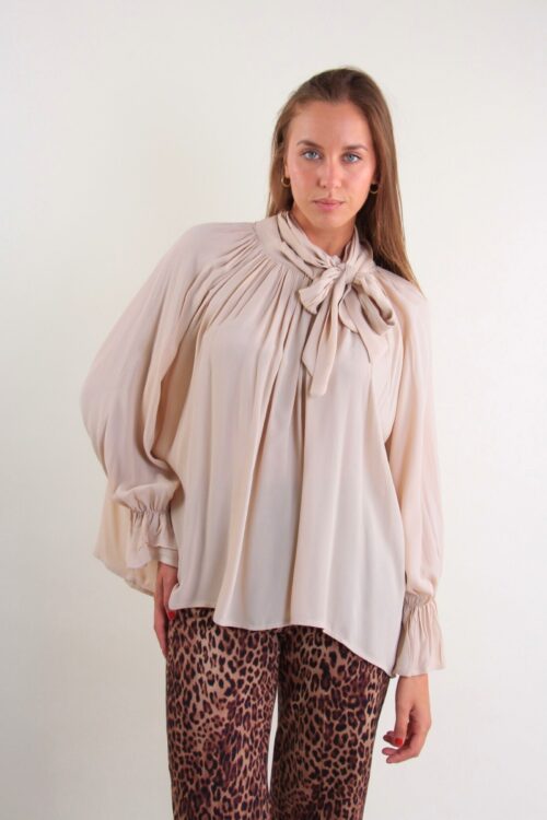 CAMICIA CON FIOCCO AL COLLO E MANICHE CON ARRICCIATURE