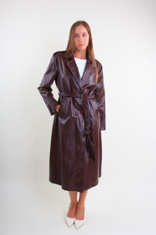 TRENCH LUNGO IN ECOPELLE EFFETTO VINTAGE CON CINTURA