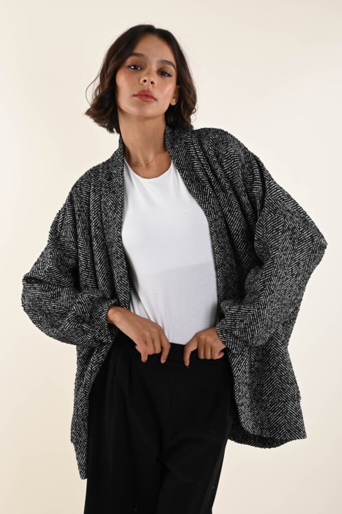 CARDIGAN IN TESSUTO A SPINA DI PESCE 