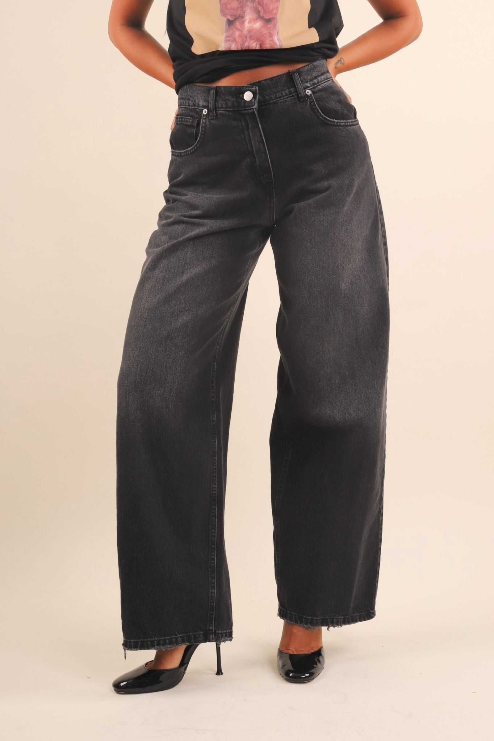 Jeans LILOO Wide Leg Vita Alta – Denim Morbido Nero, Taglio Largo Stile Bohémien Donna