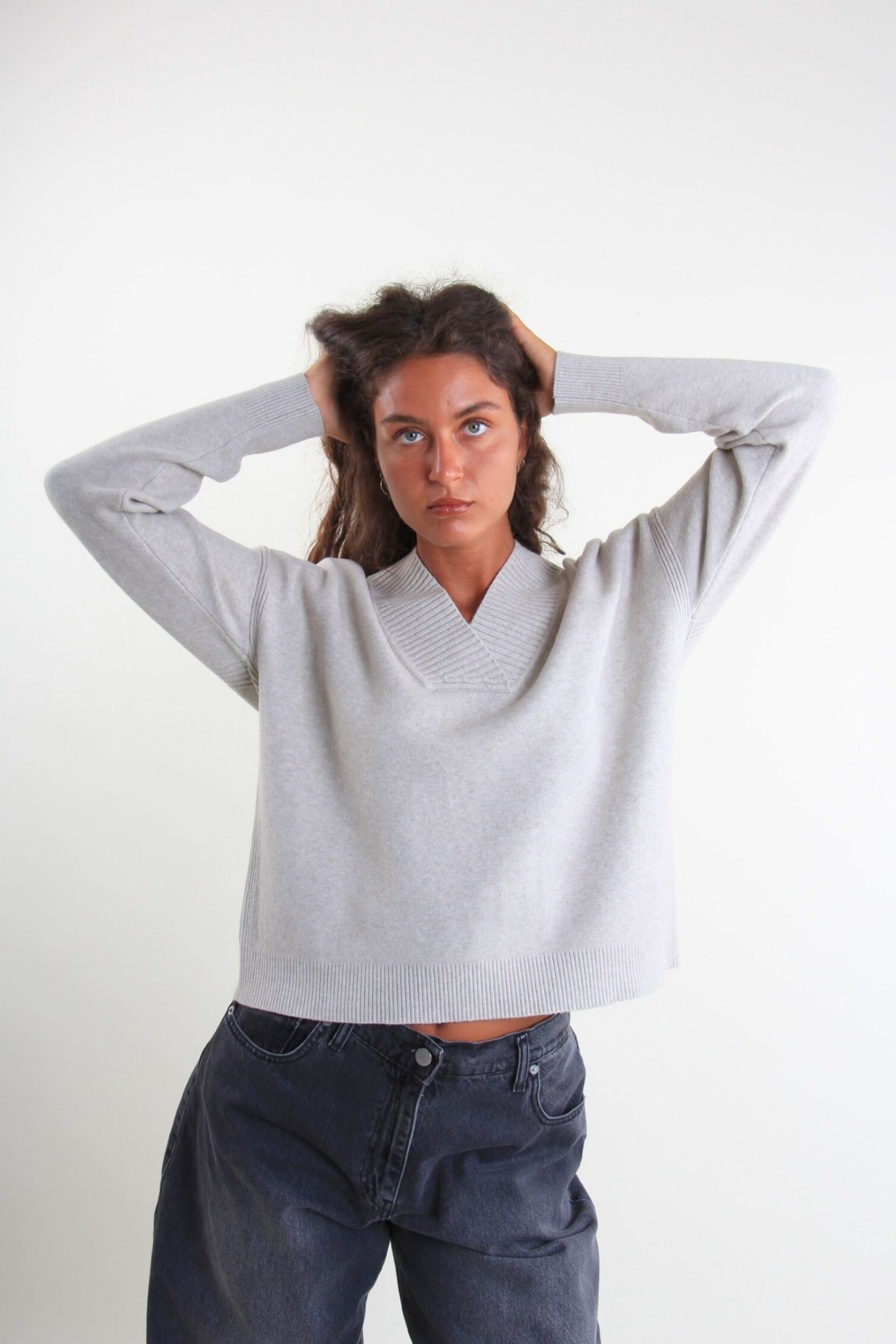 M25209-90_BEIGE MAGLIONE CON SCOLLO A V E FINITURE A COSTE - Μπεζ, TU