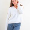 MAGLIONE CON SCOLLO A V E FINITURE A COSTE - Panna, TU