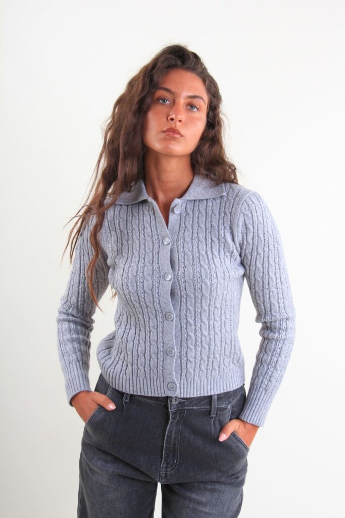 CABLE KNIT CARDIGAN WITH COLLAR 