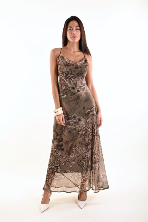 ABITO LUNGO STAMPATO CON SPALLINE INCROCIATE E SCOLLO MORBIDO