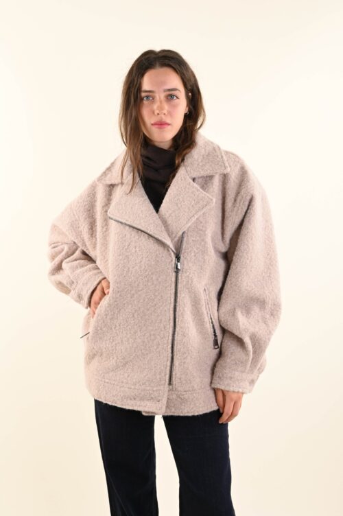 GIACCA OVERSIZE IN LANA COTTA CON ZIP E COLLO REVERS - Beige, TU