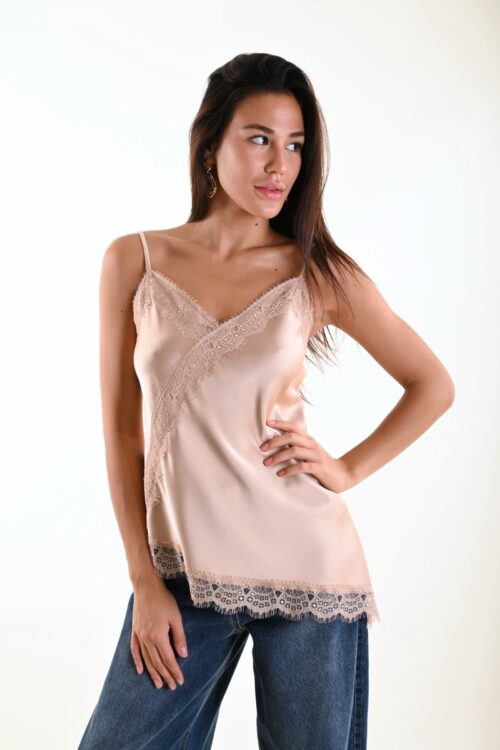 TOP SATINATO CON PIZZO E SPALLINE SOTTILI