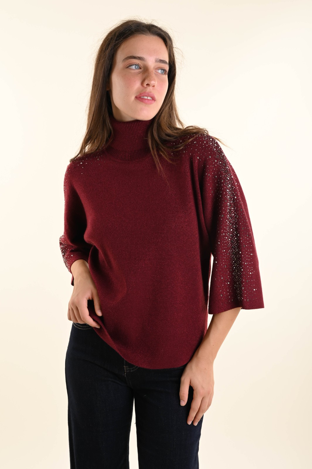 M9339-90_BORDEAUX MAGLIONCINO CON STRASS E COLLO ALTO - Bordeaux, TU